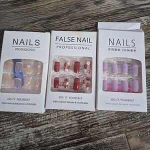 Professional False Press On Nails Set Of 3 Nail Kits Orange, Strawberry & Purple